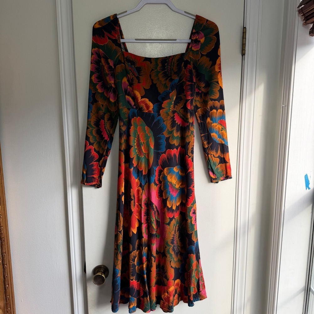 Farm Rio Plantage Rio Smocked Square Neck Long‎ Sleeve Midi Dress XS